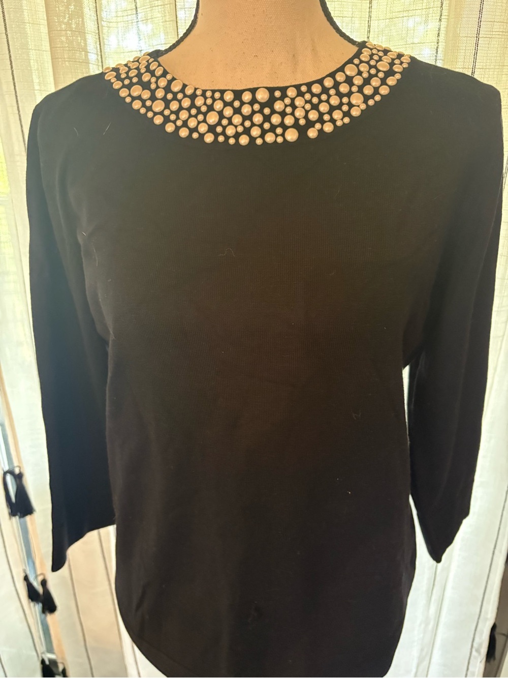 Calvin Klein Black Long Sleeve Top with Pearl-Style Neck Embellishment